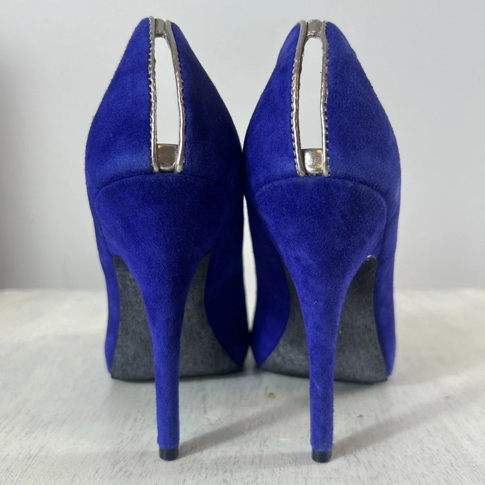 Saks Fifth Avenue 5/48 Royal‎ Blue Silver Suede Stiletto Heels Women Size EU 40